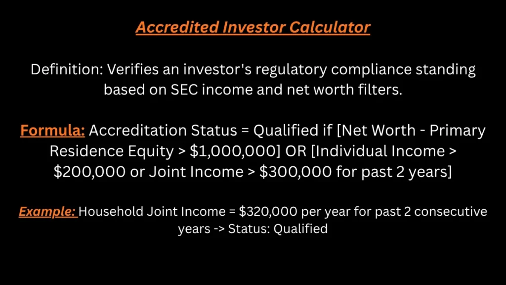Accredited investor result showing SEC qualification status on Math-Calculator.net
