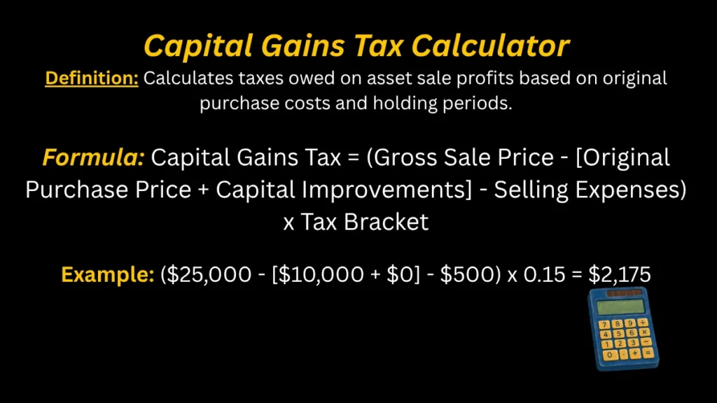 Capital gains tax output: sale price minus basis and costs times tax rate on Math-Calculator.net