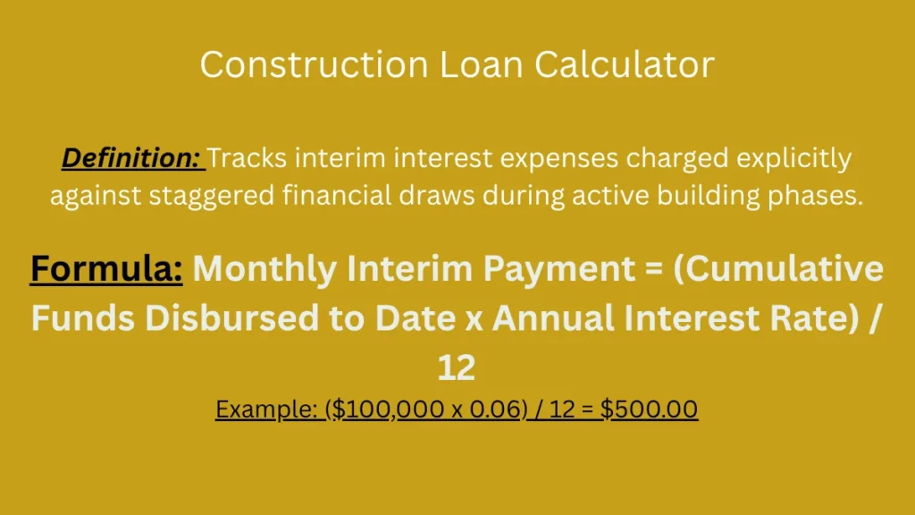 Construction loan interim interest: draw balance times annual rate divided by twelve on Math-Calculator.net