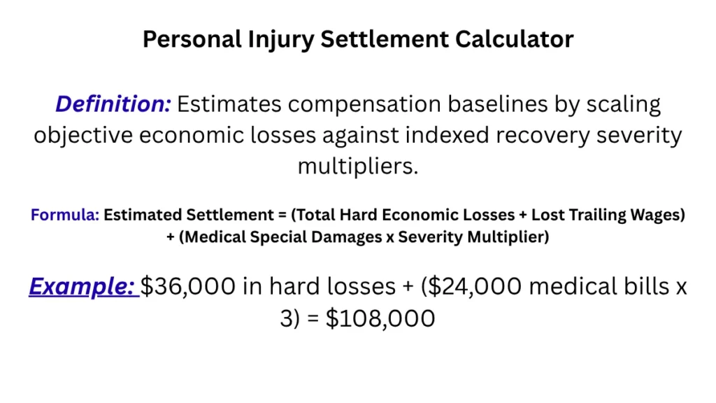Personal injury settlement output: hard losses plus medical damages times multiplier on Math-Calculator.net