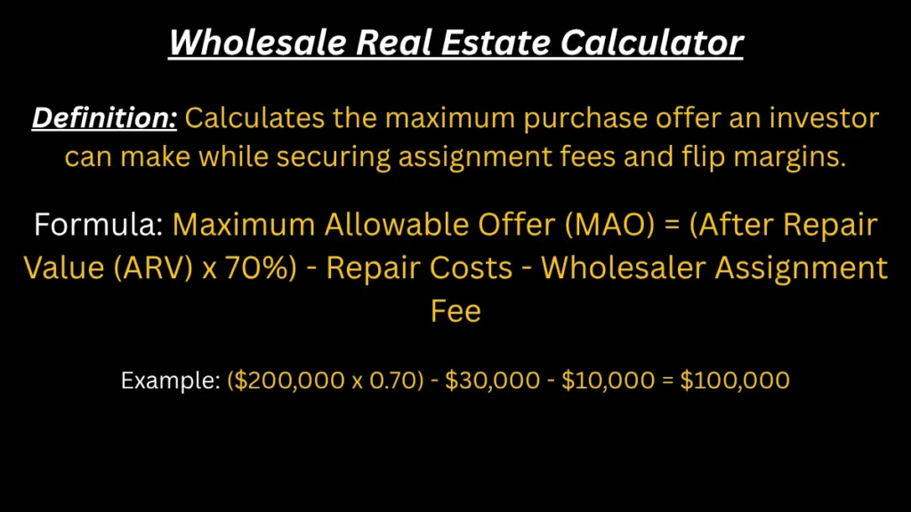 Wholesale MAO result: 70% of ARV minus repairs and assignment fee on Math-Calculator.net