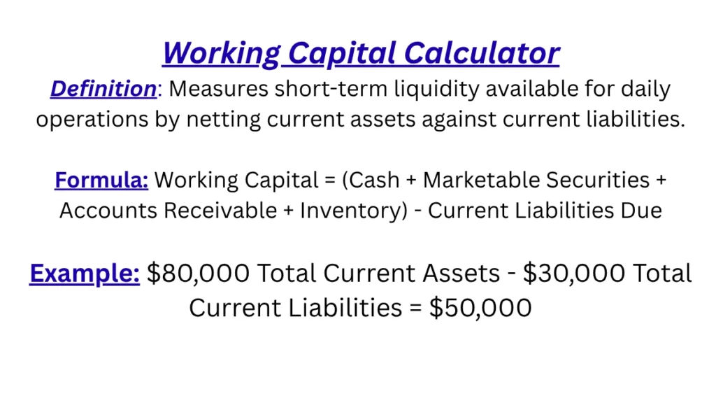 Working capital result: current assets minus current liabilities on Math-Calculator.net